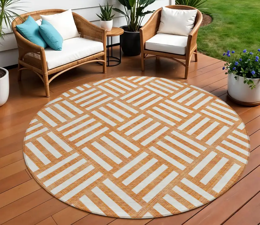 8' Orange And Ivory Round Geometric Washable Indoor Outdoor Area Rug Photo 1