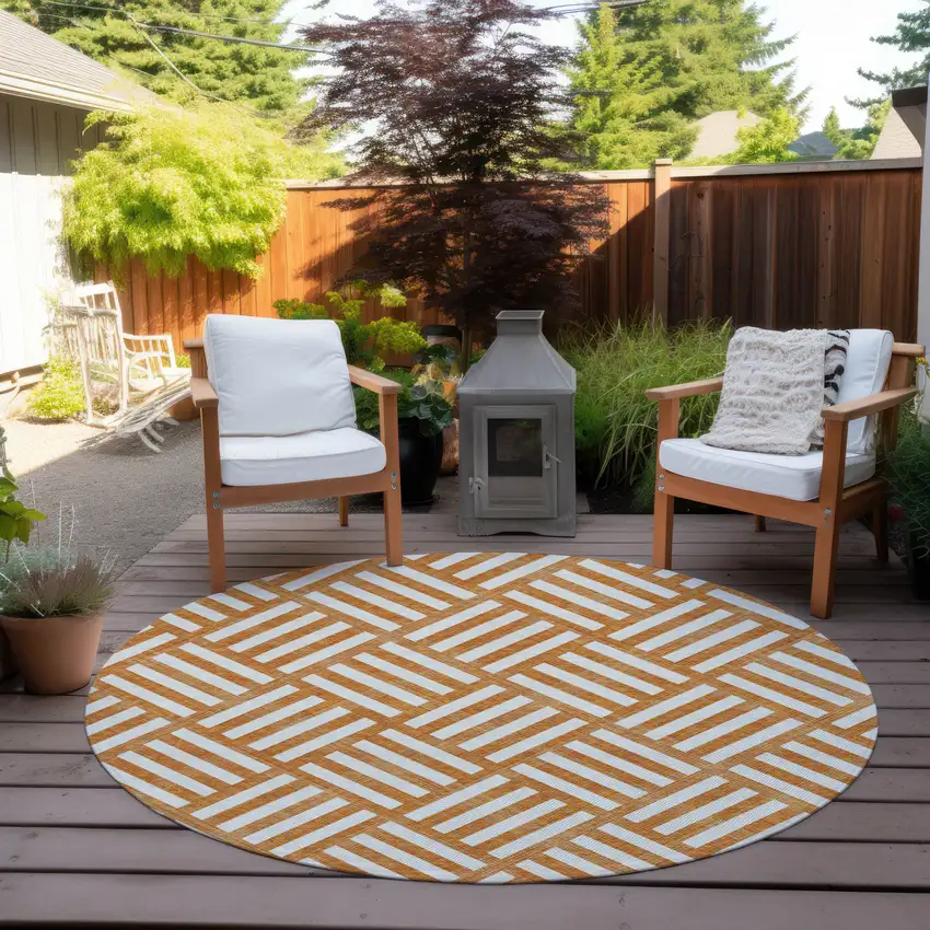 8' Orange And Ivory Round Geometric Washable Indoor Outdoor Area Rug Photo 6