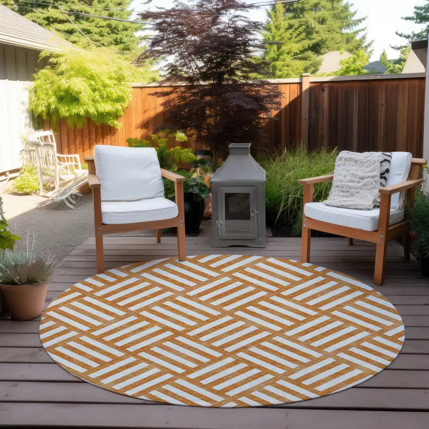 8' Orange And Ivory Round Geometric Washable Indoor Outdoor Area Rug Photo 6