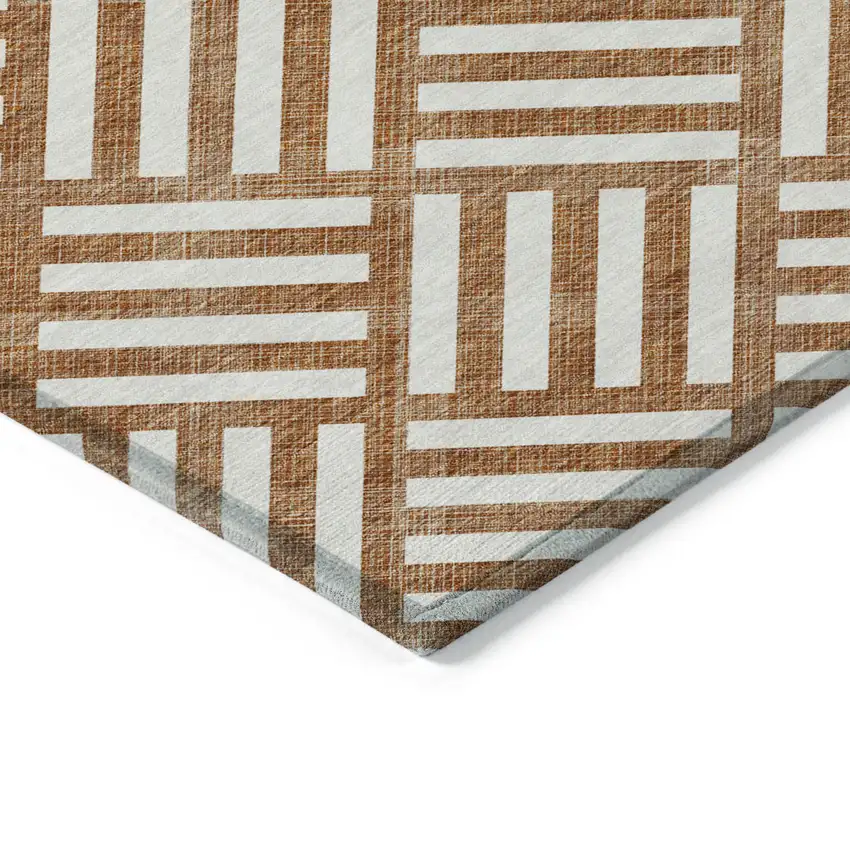 8' Orange And Ivory Round Geometric Washable Indoor Outdoor Area Rug Photo 4
