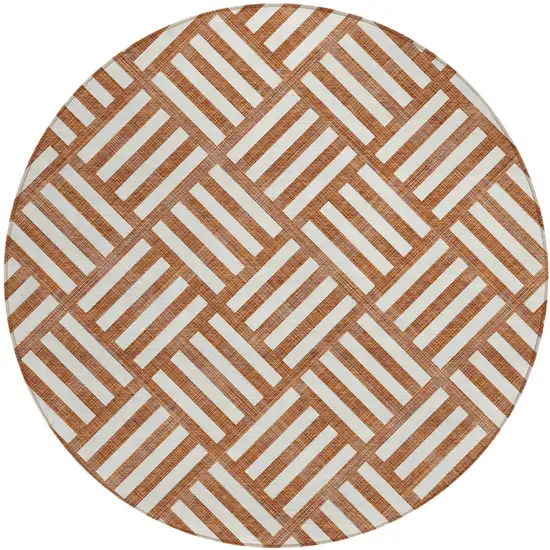 8' Orange And Ivory Round Geometric Washable Indoor Outdoor Area Rug Photo 2