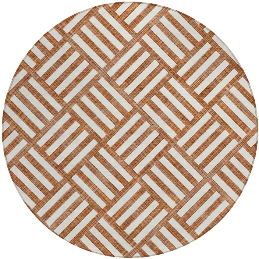 8' Orange And Ivory Round Geometric Washable Indoor Outdoor Area Rug Photo 2