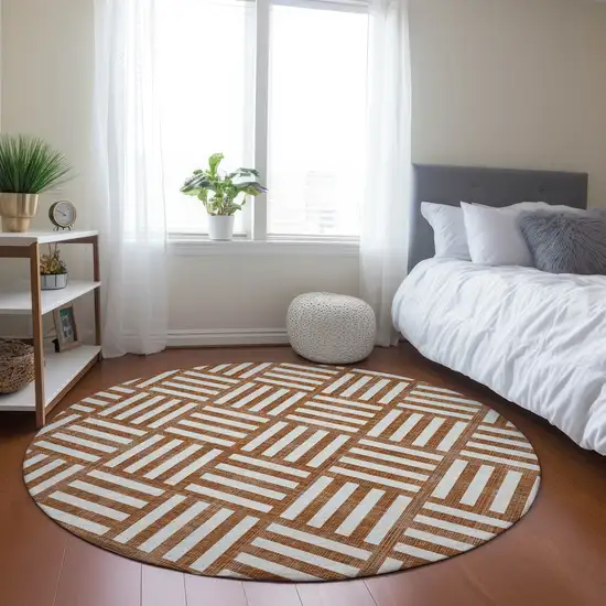8' Orange And Ivory Round Geometric Washable Indoor Outdoor Area Rug Photo 8