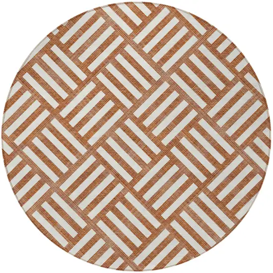 8' Orange And Ivory Round Geometric Washable Indoor Outdoor Area Rug Photo 6