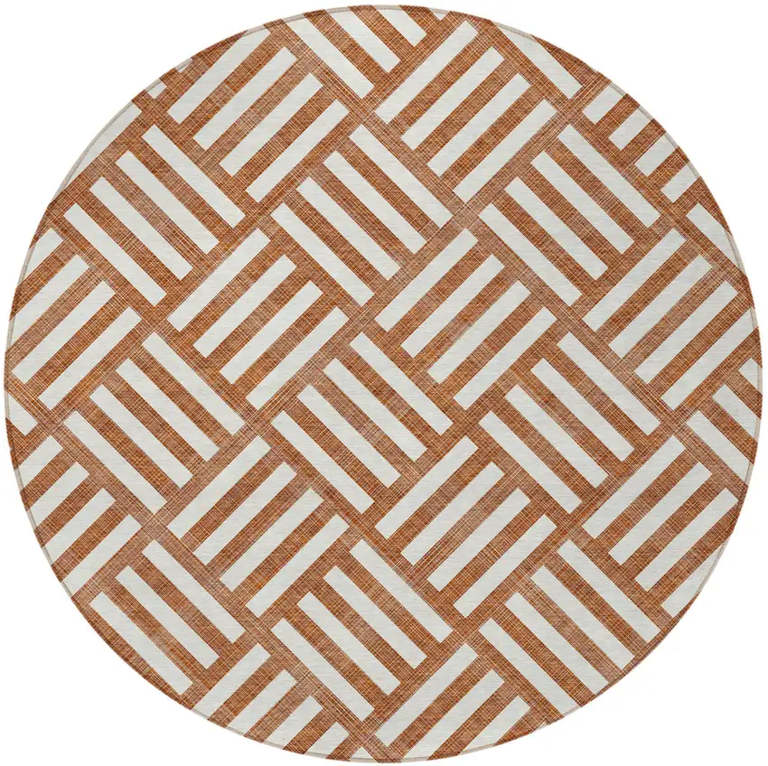 8' Orange And Ivory Round Geometric Washable Indoor Outdoor Area Rug Photo 6