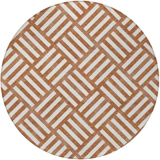 8' Orange And Ivory Round Geometric Washable Indoor Outdoor Area Rug Photo 6
