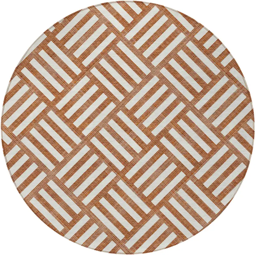 8' Orange And Ivory Round Geometric Washable Indoor Outdoor Area Rug Photo 6