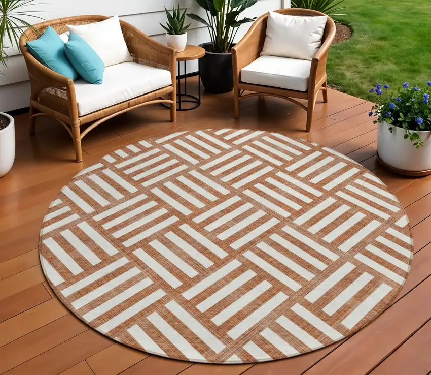 8' Orange And Ivory Round Geometric Washable Indoor Outdoor Area Rug Photo 1