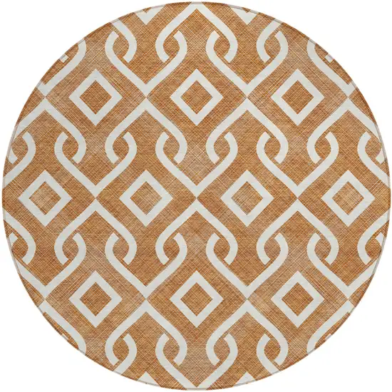 8' Orange And Ivory Round Geometric Washable Indoor Outdoor Area Rug Photo 2