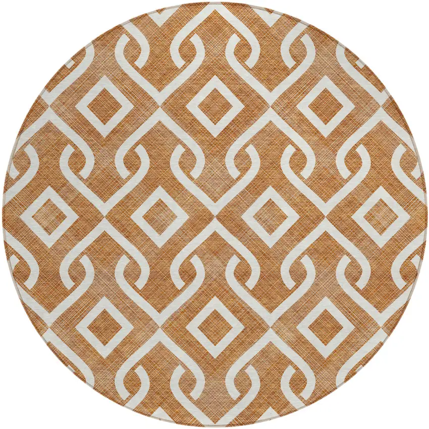 8' Orange And Ivory Round Geometric Washable Indoor Outdoor Area Rug Photo 2