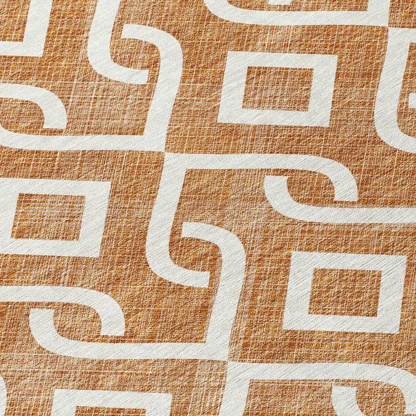 8' Orange And Ivory Round Geometric Washable Indoor Outdoor Area Rug Photo 4