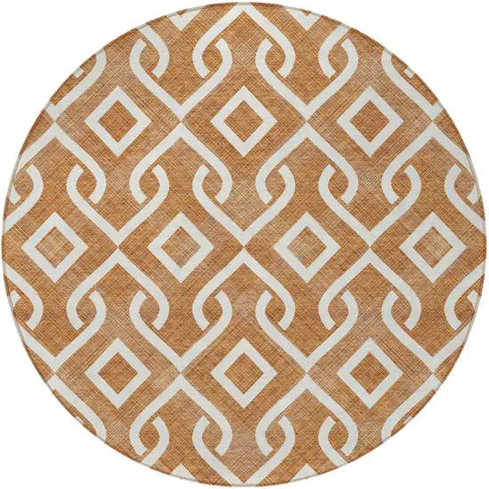 8' Orange And Ivory Round Geometric Washable Indoor Outdoor Area Rug Photo 5