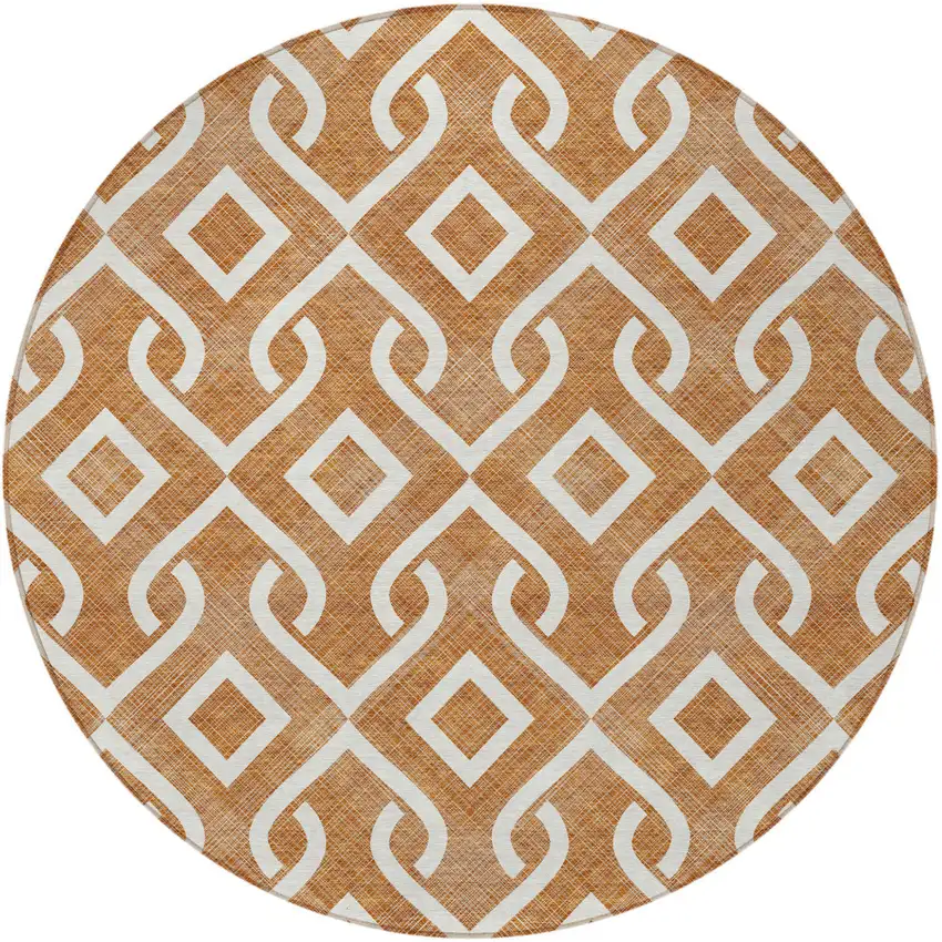 8' Orange And Ivory Round Geometric Washable Indoor Outdoor Area Rug Photo 5