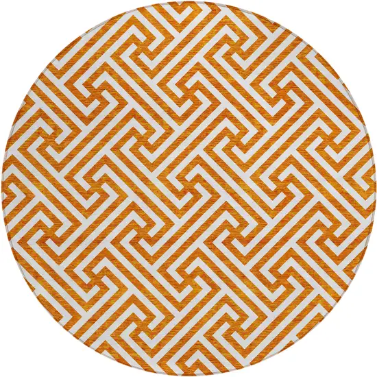 8' Orange And Ivory Round Geometric Washable Indoor Outdoor Area Rug Photo 1