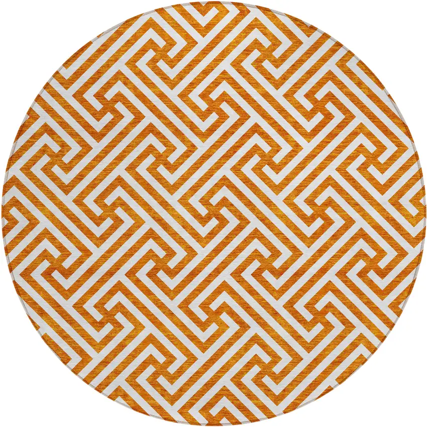 8' Orange And Ivory Round Geometric Washable Indoor Outdoor Area Rug Photo 1