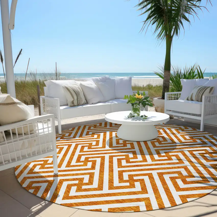 8' Orange And Ivory Round Geometric Washable Indoor Outdoor Area Rug Photo 8
