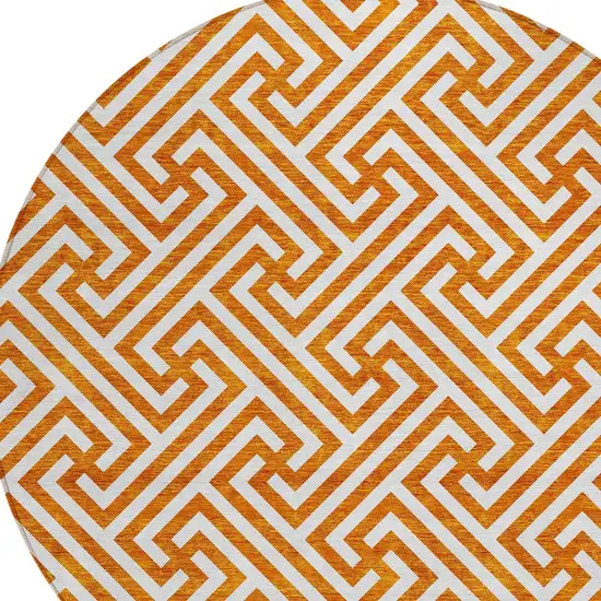 8' Orange And Ivory Round Geometric Washable Indoor Outdoor Area Rug Photo 4