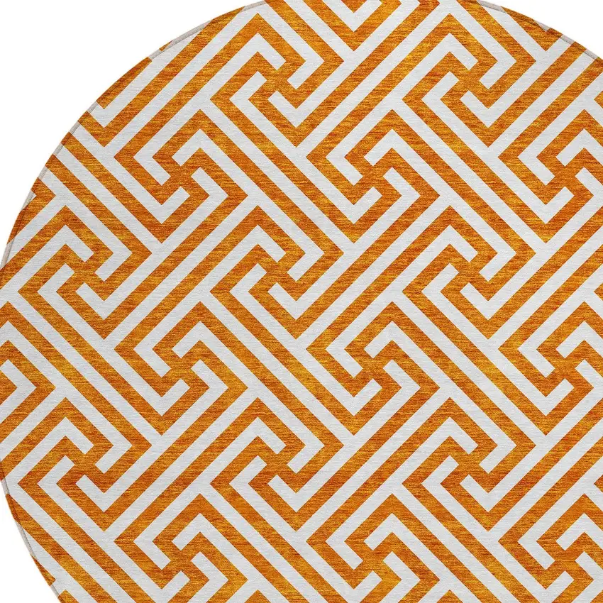 8' Orange And Ivory Round Geometric Washable Indoor Outdoor Area Rug Photo 4