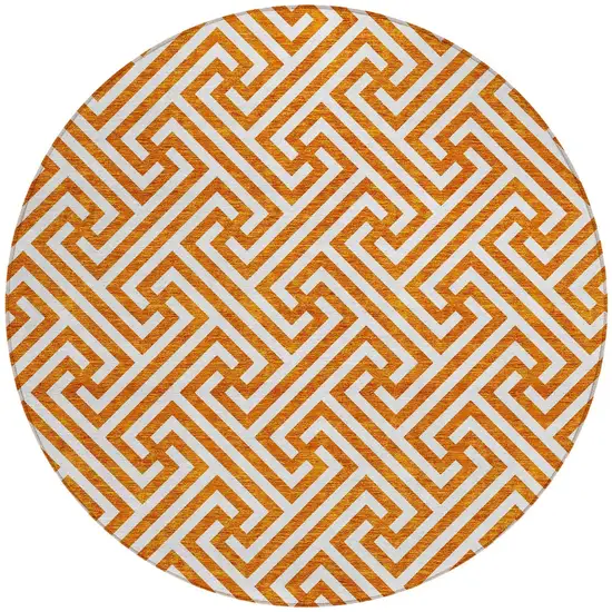 8' Orange And Ivory Round Geometric Washable Indoor Outdoor Area Rug Photo 6