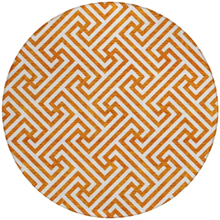 8' Orange And Ivory Round Geometric Washable Indoor Outdoor Area Rug Photo 6