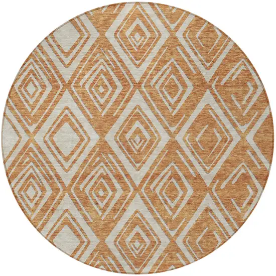8' Orange And Ivory Round Geometric Washable Indoor Outdoor Area Rug Photo 6