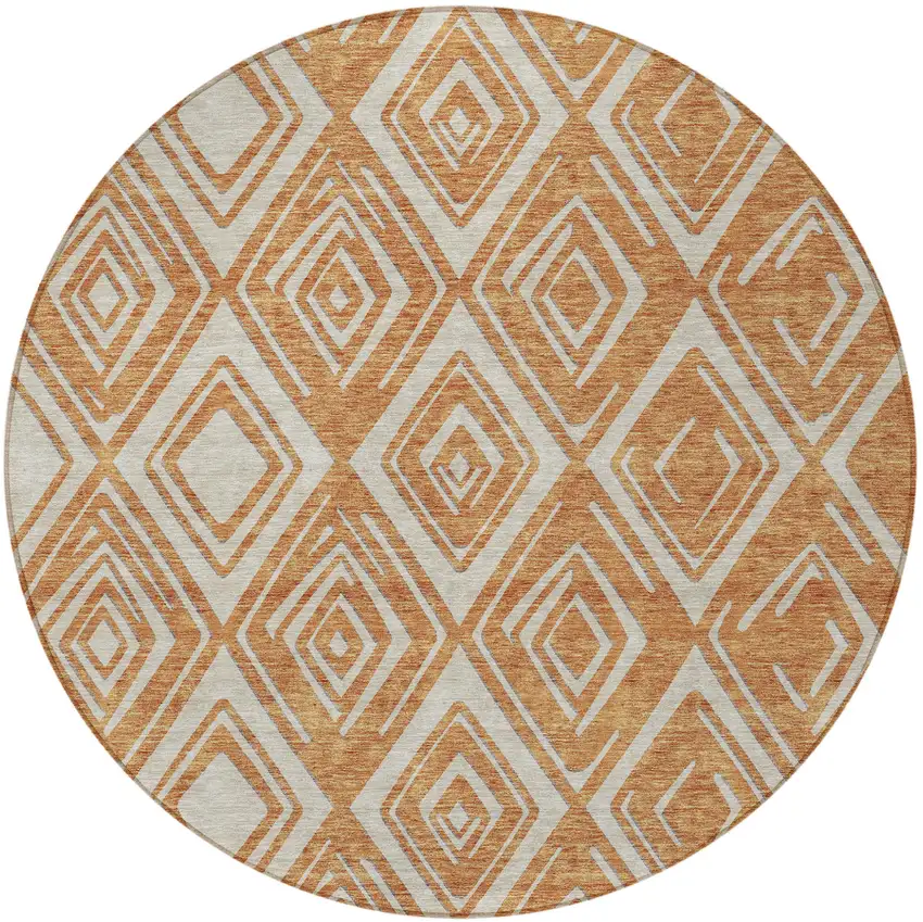 8' Orange And Ivory Round Geometric Washable Indoor Outdoor Area Rug Photo 6