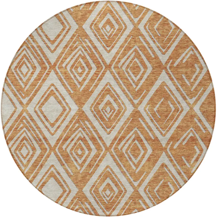 8' Orange And Ivory Round Geometric Washable Indoor Outdoor Area Rug Photo 6