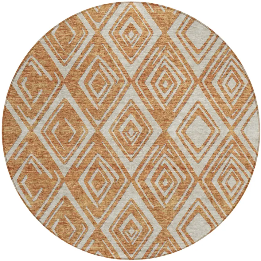 8' Orange And Ivory Round Geometric Washable Indoor Outdoor Area Rug Photo 2