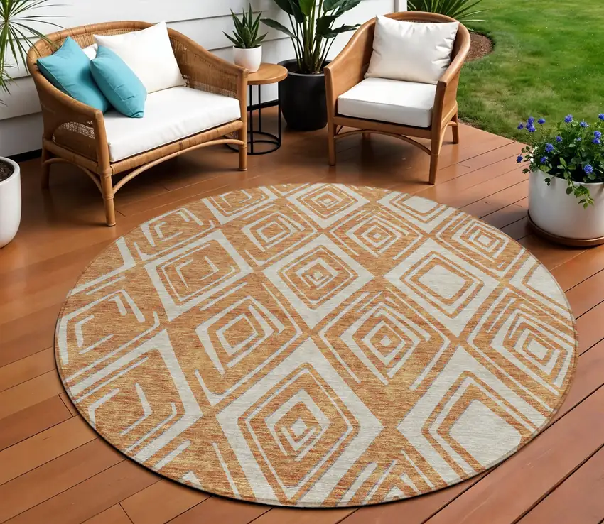 8' Orange And Ivory Round Geometric Washable Indoor Outdoor Area Rug Photo 1