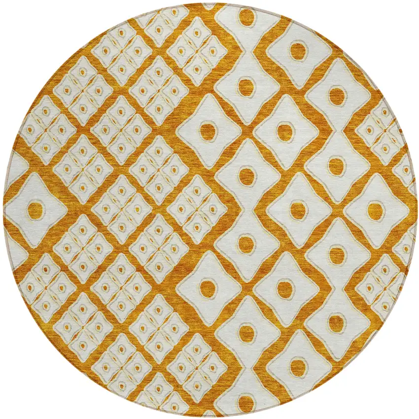 8' Orange And Ivory Round Geometric Washable Indoor Outdoor Area Rug Photo 2