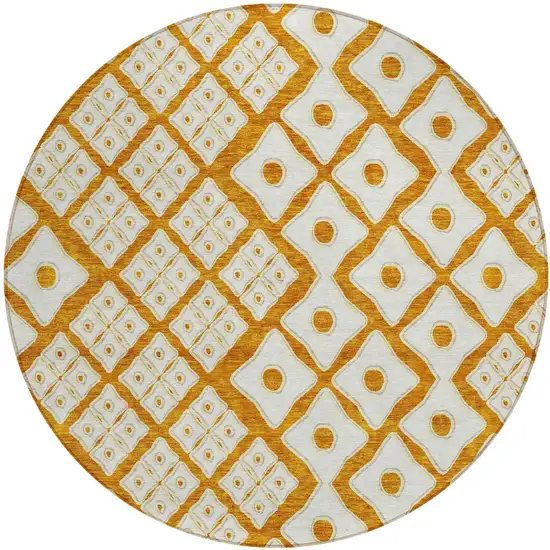 8' Orange And Ivory Round Geometric Washable Indoor Outdoor Area Rug Photo 2