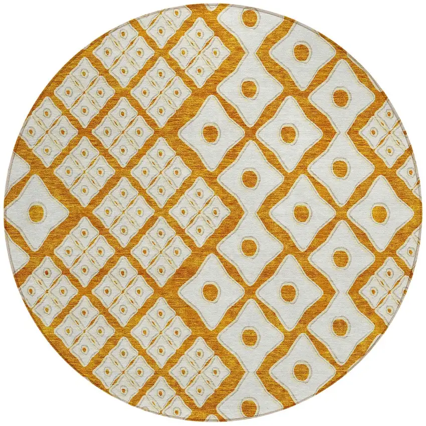8' Orange And Ivory Round Geometric Washable Indoor Outdoor Area Rug Photo 5