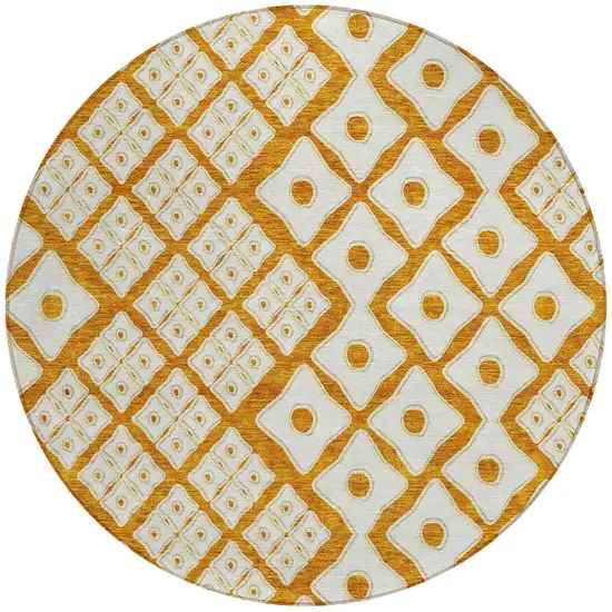 8' Orange And Ivory Round Geometric Washable Indoor Outdoor Area Rug Photo 5