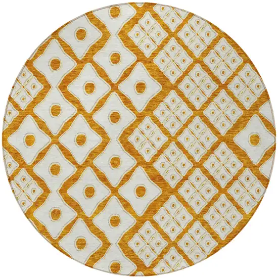 8' Orange And Ivory Round Geometric Washable Indoor Outdoor Area Rug Photo 6
