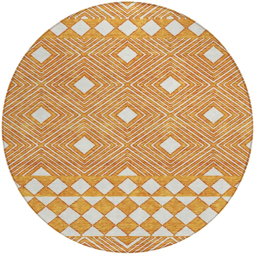 8' Orange And Ivory Round Geometric Washable Indoor Outdoor Area Rug Photo 2