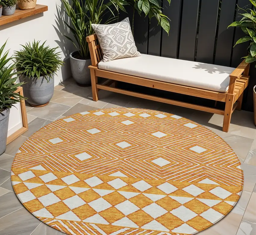 8' Orange And Ivory Round Geometric Washable Indoor Outdoor Area Rug Photo 1