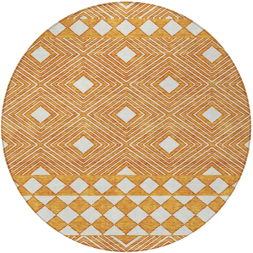 8' Orange And Ivory Round Geometric Washable Indoor Outdoor Area Rug Photo 6