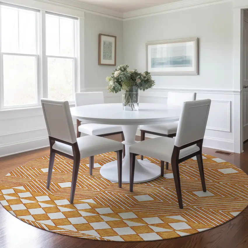 8' Orange And Ivory Round Geometric Washable Indoor Outdoor Area Rug Photo 8
