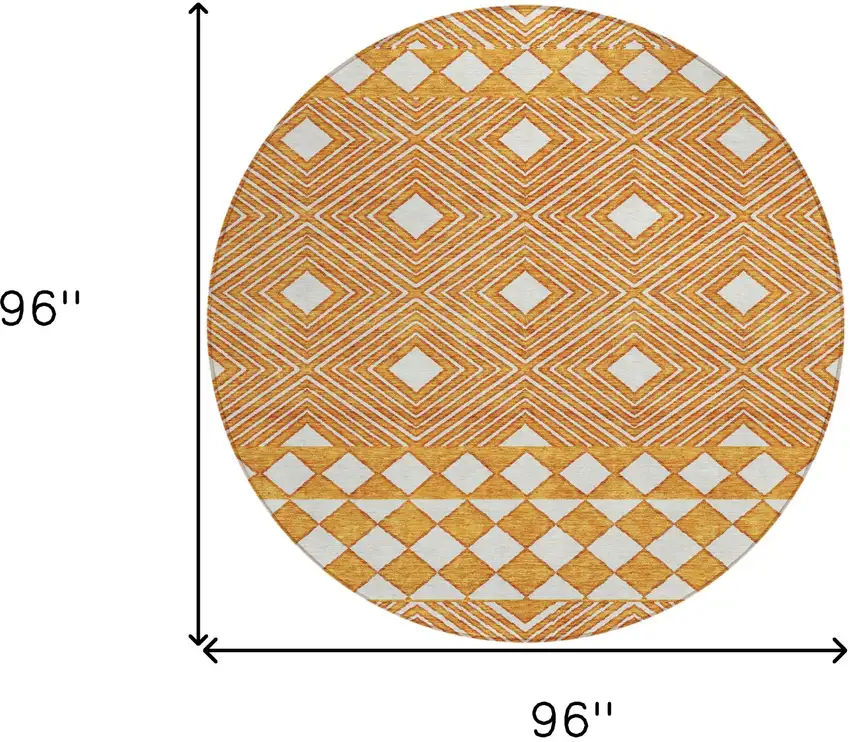 8' Orange And Ivory Round Geometric Washable Indoor Outdoor Area Rug Photo 3
