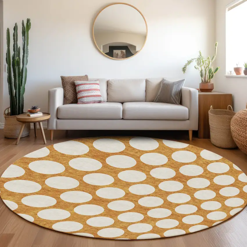 8' Orange And Ivory Round Polka Dot Washable Indoor Outdoor Area Rug Photo 8