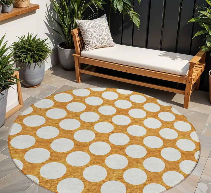 8' Orange And Ivory Round Polka Dot Washable Indoor Outdoor Area Rug Photo 1