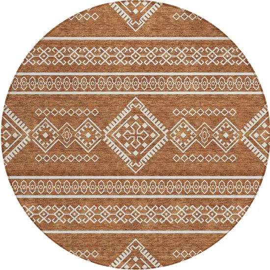 8' Orange And Ivory Round Southwestern Washable Indoor Outdoor Area Rug Photo 6