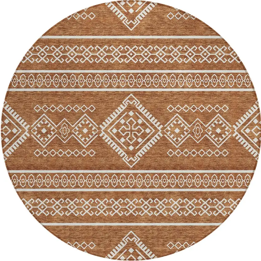8' Orange And Ivory Round Southwestern Washable Indoor Outdoor Area Rug Photo 6