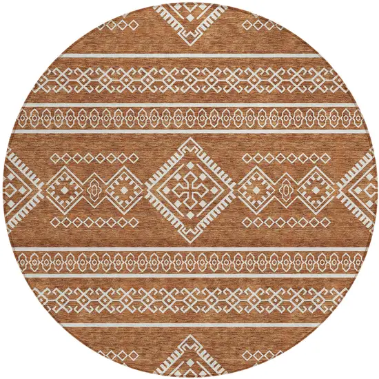 8' Orange And Ivory Round Southwestern Washable Indoor Outdoor Area Rug Photo 2