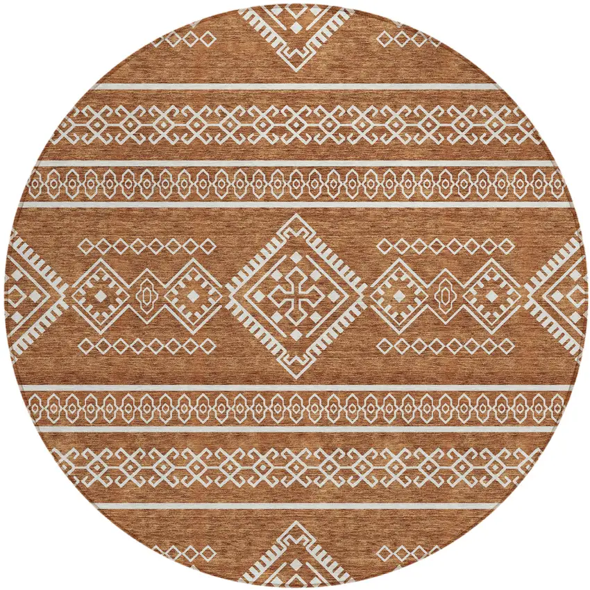 8' Orange And Ivory Round Southwestern Washable Indoor Outdoor Area Rug Photo 2