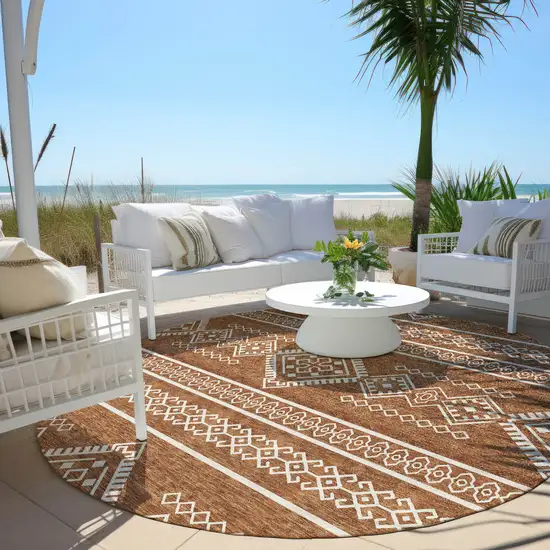 8' Orange And Ivory Round Southwestern Washable Indoor Outdoor Area Rug Photo 7