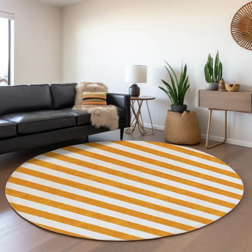 8' Orange And Ivory Striped Washable Round Rug With UV Protection Photo 5