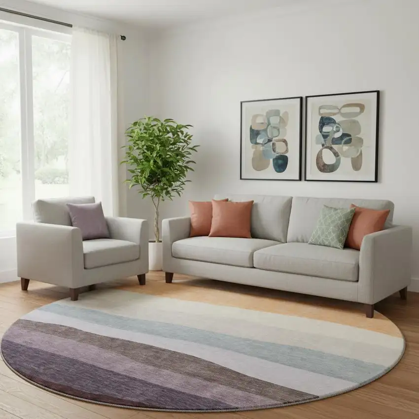 8' Orange And Ivory Striped Washable Round Rug With UV Protection Photo 2