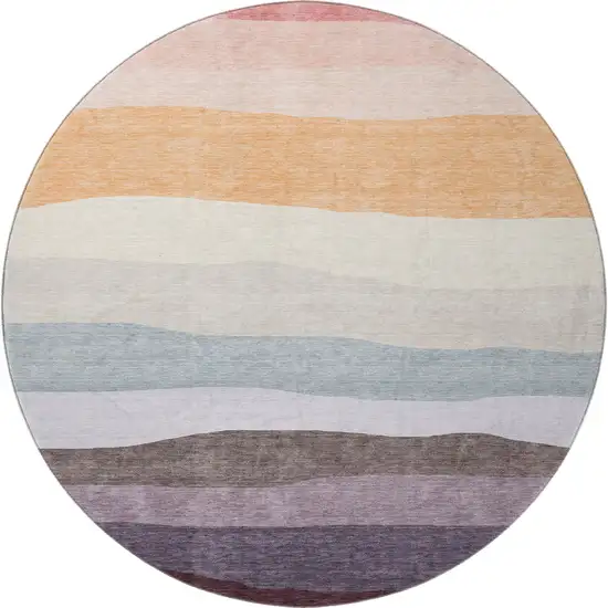 8' Orange And Ivory Striped Washable Round Rug With UV Protection Photo 4