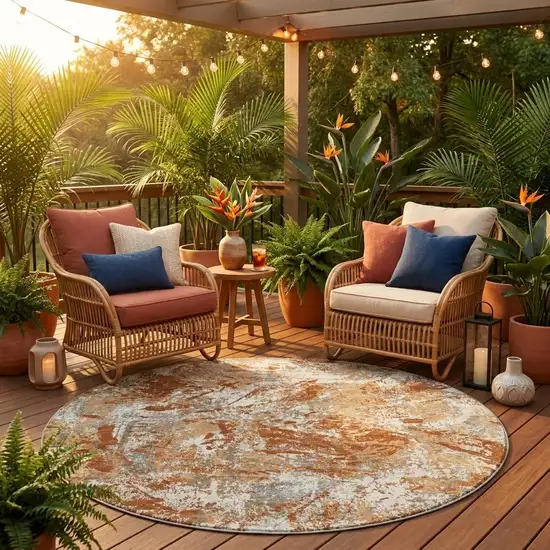 8' Orange And Khaki Round Abstract Washable Indoor Outdoor Area Rug Photo 1